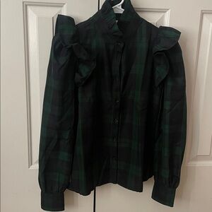 Tuckernuck Tartan Plaid  Ruffle Button-Up Blouse